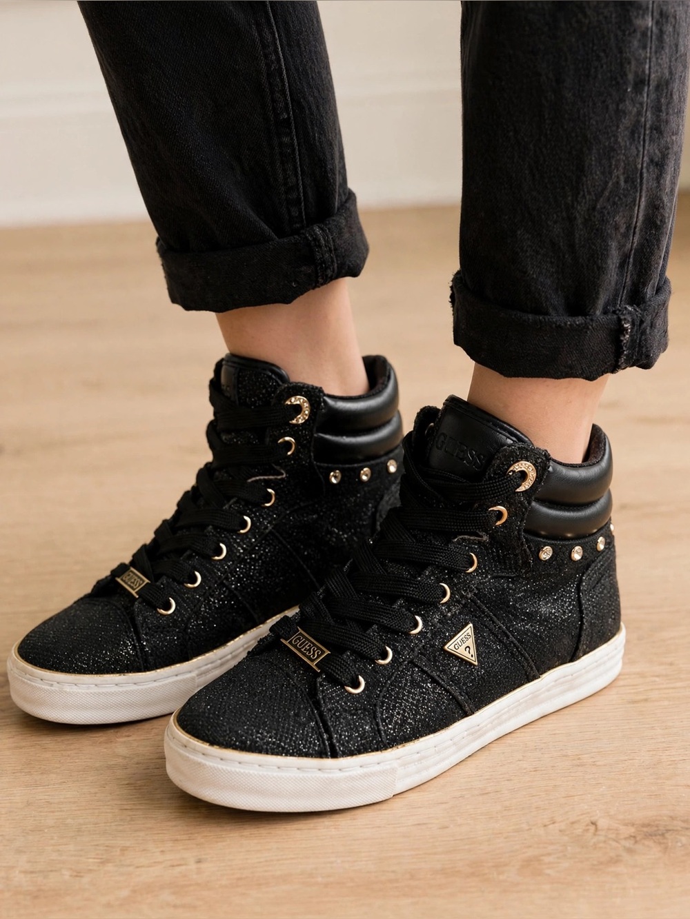 Guess Black High-Top Sneakers with Gold Accents